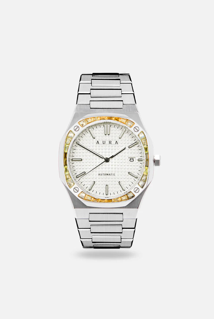 Aura Date 003 Steel /Off/Wht/ Yel Stone Watch