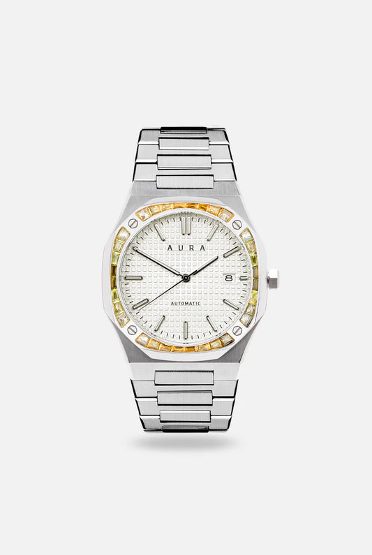 Aura Date 003 Steel /Off/Wht/ Yel Stone Watch