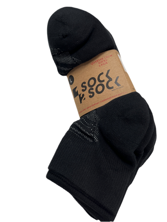 1 Sock 2 Sock “Black Quarter Crew Socks 6Pk Large Men 9-12 Women 10.5-13”