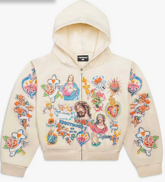 Righteous Risen King Zip Up Hoodie Cream Sz XL