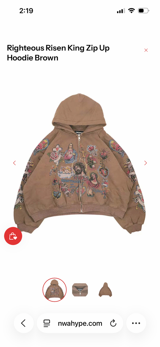 Righteous Risen King Zip Up Hoodie Brown   Sz Large